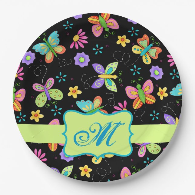 Modern Whimsy Butterflies Black Green Monogram Paper Plate (Front)