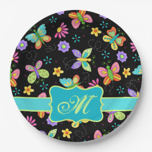 Modern Whimsy Butterflies Black Turquoise Monogram Paper Plate