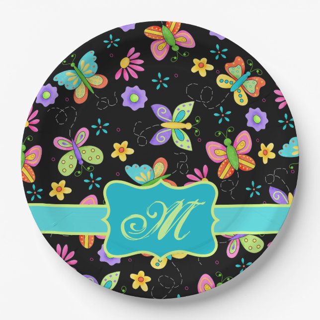 Modern Whimsy Butterflies Black Turquoise Monogram Paper Plate (Front)