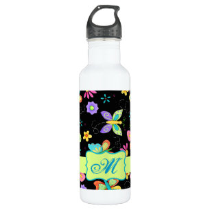 Modern Whimsy Butterflies on Black Monogram 710 Ml Water Bottle