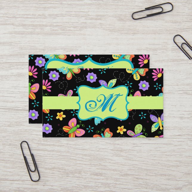 Modern Whimsy Butterflies on Black Monogram Business Card (Front/Back In Situ)