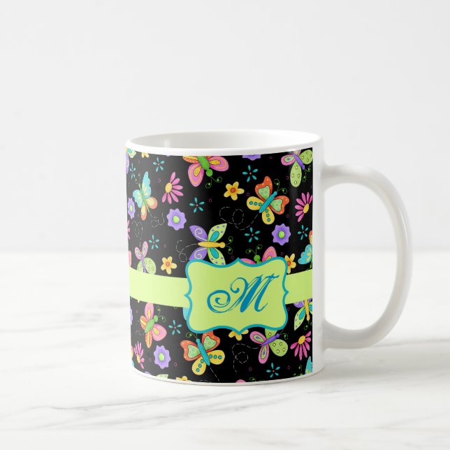 Modern Whimsy Butterflies on Black Monogram Coffee Mug (Right)