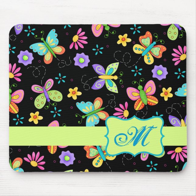 Modern Whimsy Butterflies on Black Monogram Mouse Mat (Front)