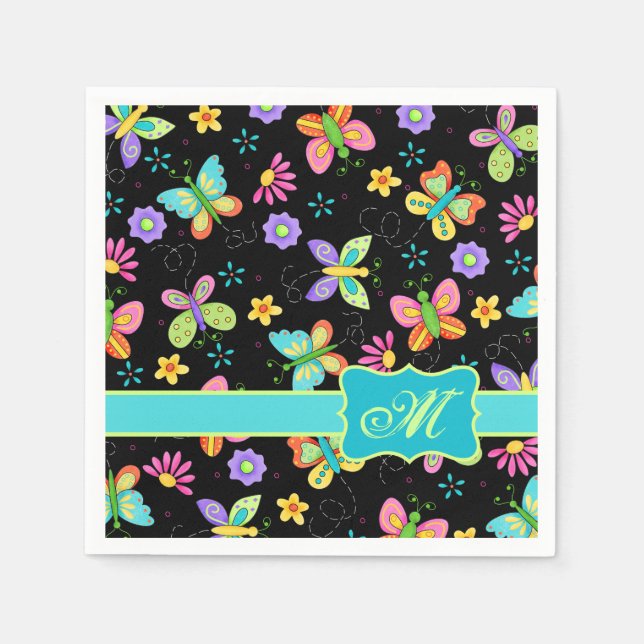 Modern Whimsy Butterflies on Black Monogram Napkin (Front)
