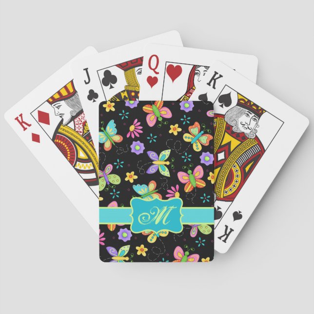 Modern Whimsy Butterflies on Black Monogram Playing Cards (Back)