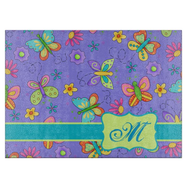 Modern Whimsy Butterflies on Purple  Monogram Cutting Board (Front)