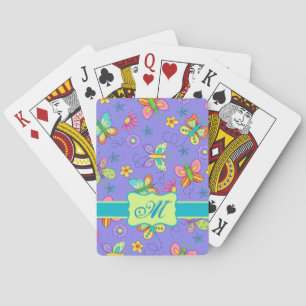 Modern Whimsy Butterflies on Purple Monogram Playing Cards