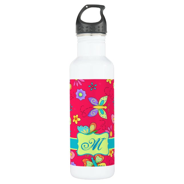 Modern Whimsy Butterflies on Red Monogram Personal 710 Ml Water Bottle (Front)