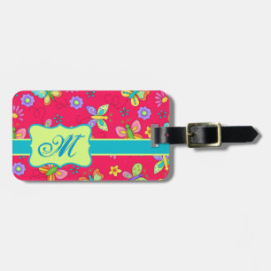 Modern Whimsy Butterflies on Red Monogram Personal Luggage Tag