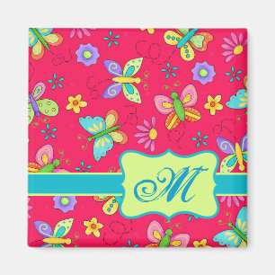 Modern Whimsy Butterflies on Red Monogram Personal Magnet