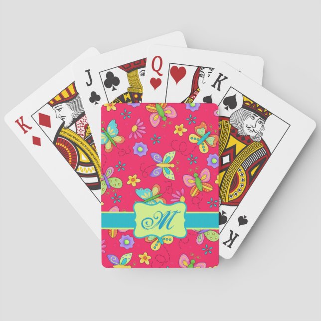 Modern Whimsy Butterflies on Red Monogram Personal Playing Cards (Back)