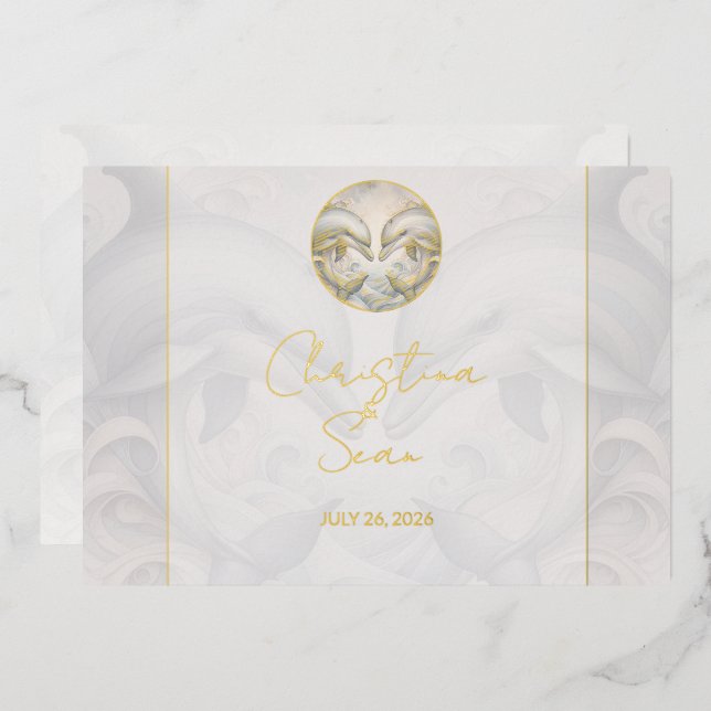 Modern Whimsy Dolphin Wedding Gold Foil Invitation (Front/Back)