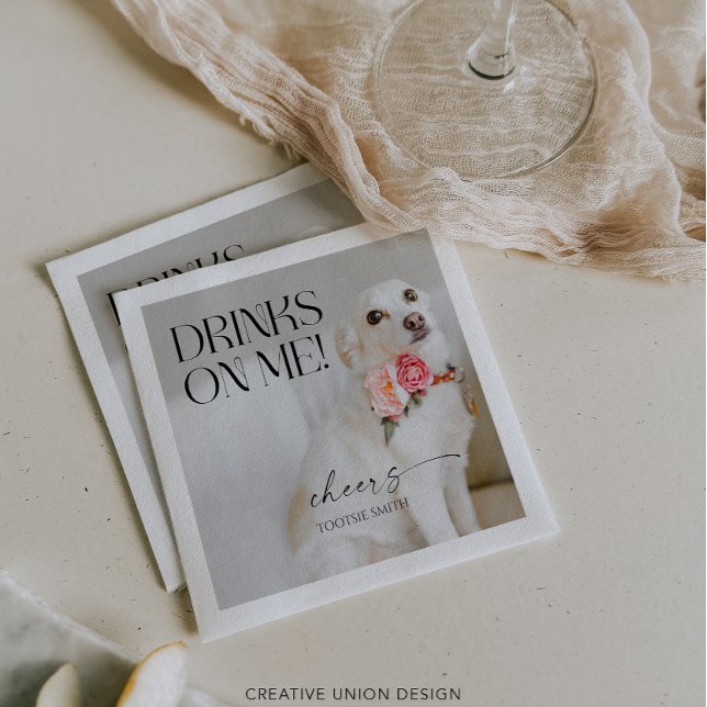 Modern Whimsy Drinks On Me Photo Pet Wedding Napk Napkin (Creator Uploaded)