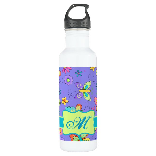 Modern Whimsy Lavender Butterfly Monogram 710 Ml Water Bottle (Front)