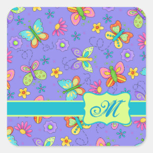 Modern Whimsy Lavender Butterfly Monogram Square Sticker