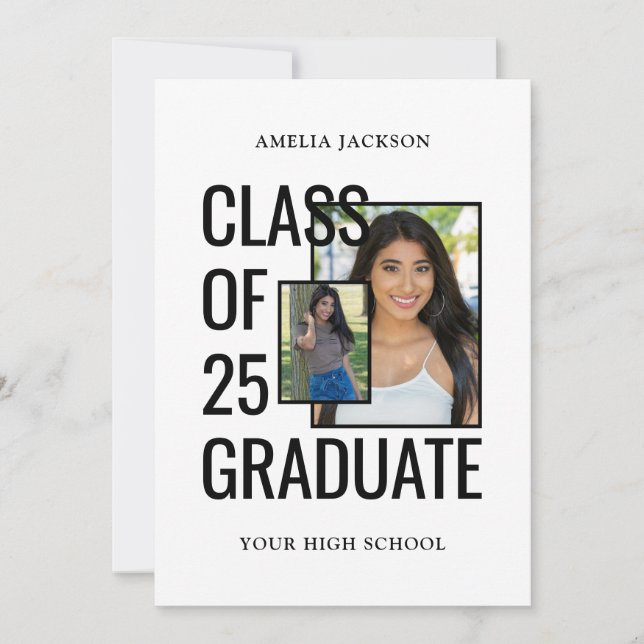 Modern White 2 Photos Class Of 25 Grad Open House Invitation (Front)