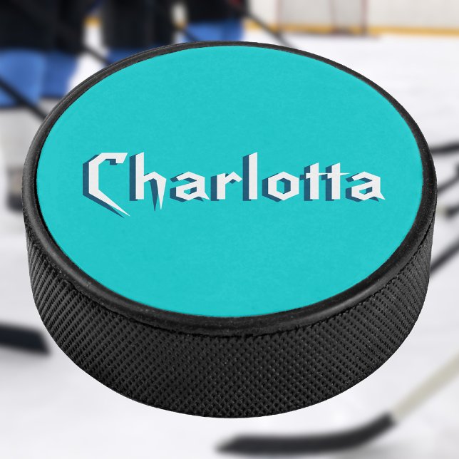 Modern White 3D Cuztomized Name | Turquoise Blue  Hockey Puck (Creator Uploaded)