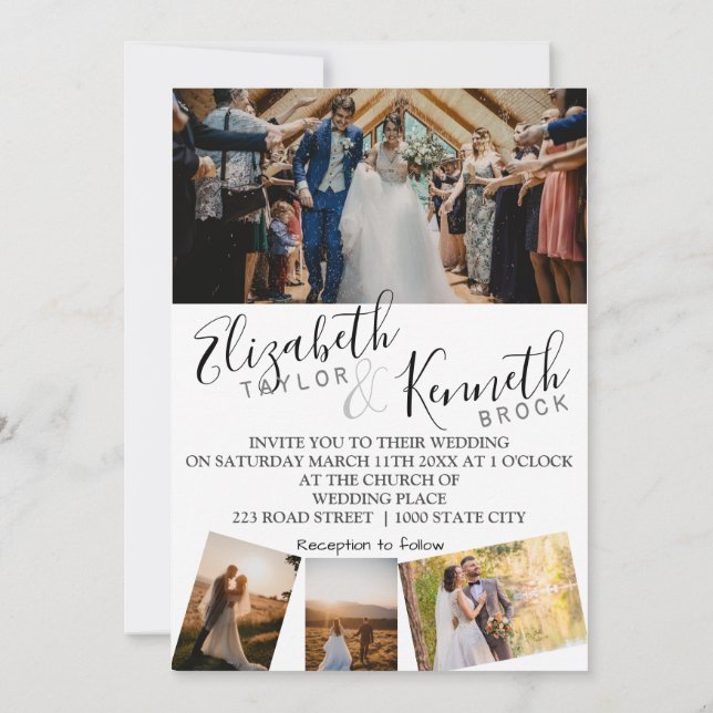 Modern white 4 grid photos wedding invitation (Back)