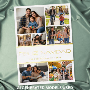 Modern White 7 Photo Collage Feliz Navidad Foil Holiday Card