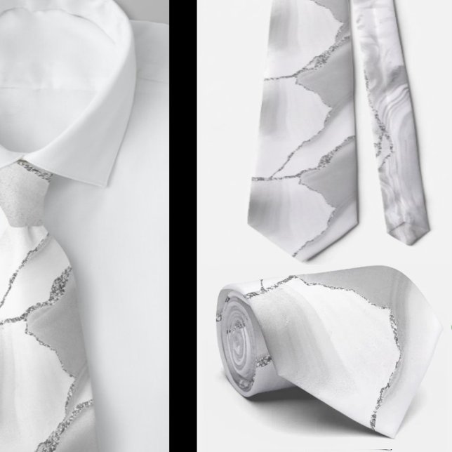 Modern White Agate Silver Abstract Marble Tie (Creator Uploaded)