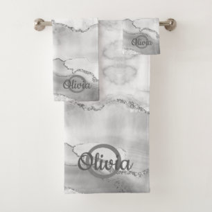 Modern White Agate Silver Monogram Marble Bath Towel Set