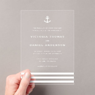 Modern White Anchor Nautical Wedding  Acrylic Invitations
