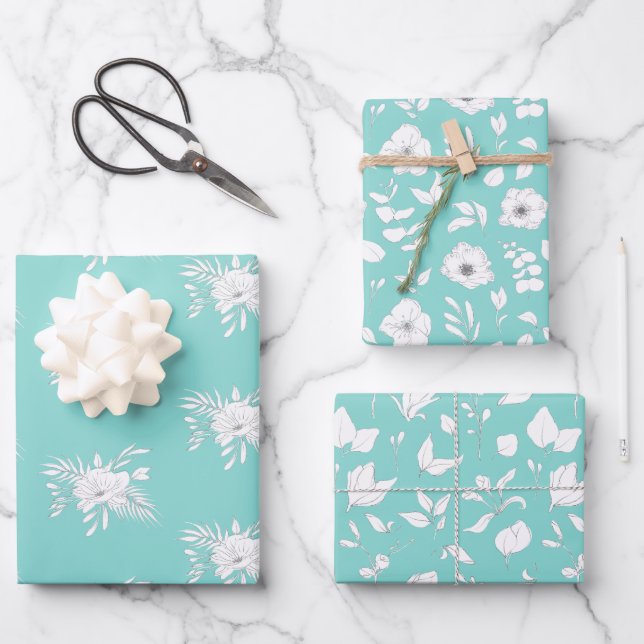 Modern White and Aqua Flowers and Leaves Wrapping Paper Sheet (Front)