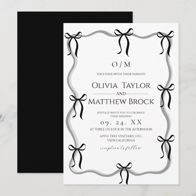 Modern White and Black Bow Wedding Invitation (Front/Back)
