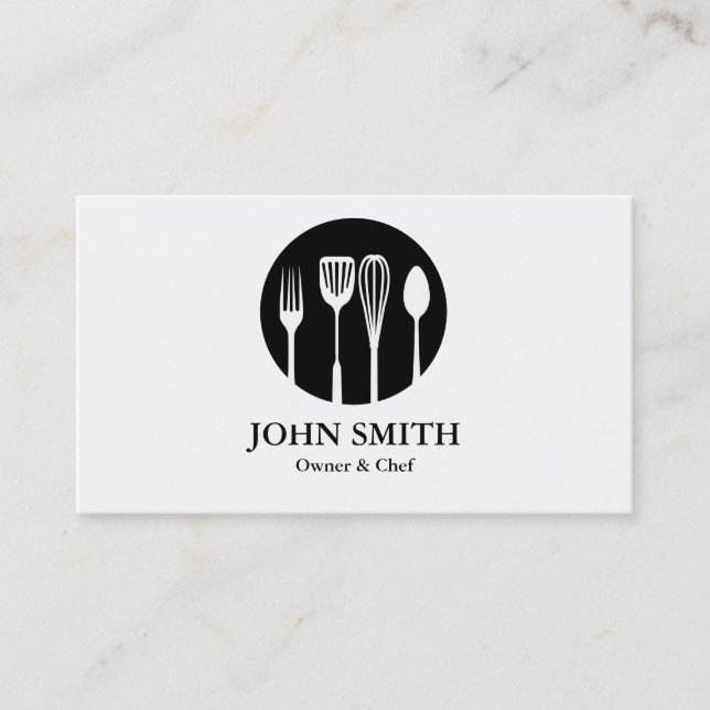 Modern White and Black Catering Restaurant Chef Business Card (Front)