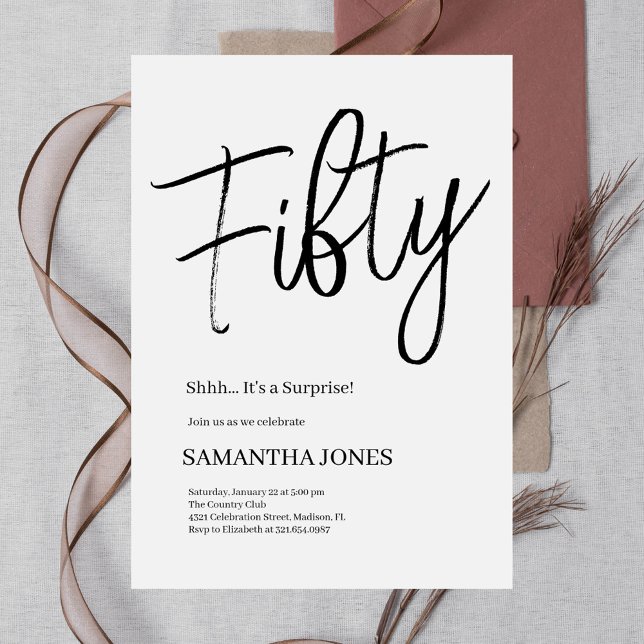 Modern White and Black Fifty 50th Birthday Party Invitation (Creator Uploaded)