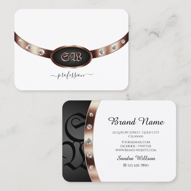 Modern White and Black Rose Gold Monogram Diamonds Business Card (Front/Back)