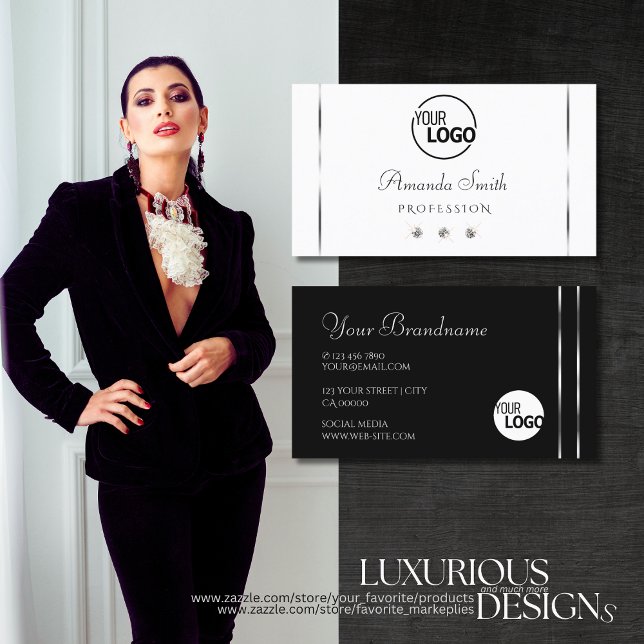 Modern White and Black Shimmery Diamonds add Logo Business Card (Creator Uploaded)