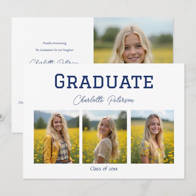 Modern White and Blue Photo Grad Announcement (Front/Back)