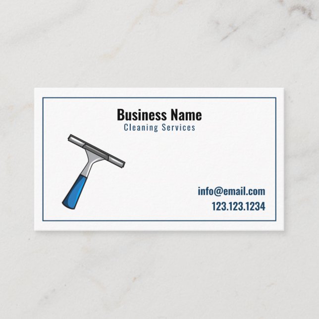 Modern White and Blue Squeegee Window Cleaning Business Card (Front)
