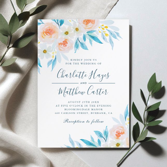 Modern White and Blue Watercolor Floral Wedding Invitation (Creator Uploaded)