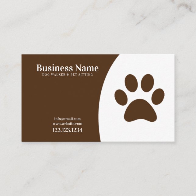 Modern White and Brown Paw Print Dog Walking Business Card (Front)