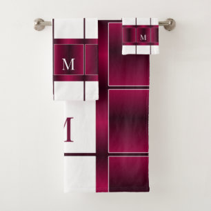 Modern White And Burgundy Purple Monogrammed Bath Towel Set