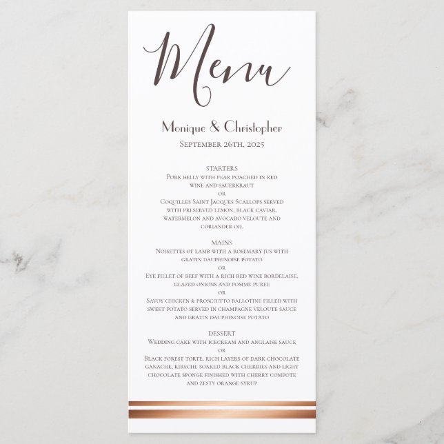 Modern White and Copper Wedding Menu (Front)
