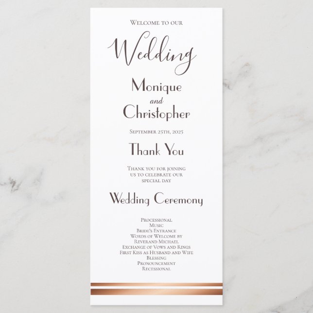 Modern White and Copper Wedding Program Programme (Front)