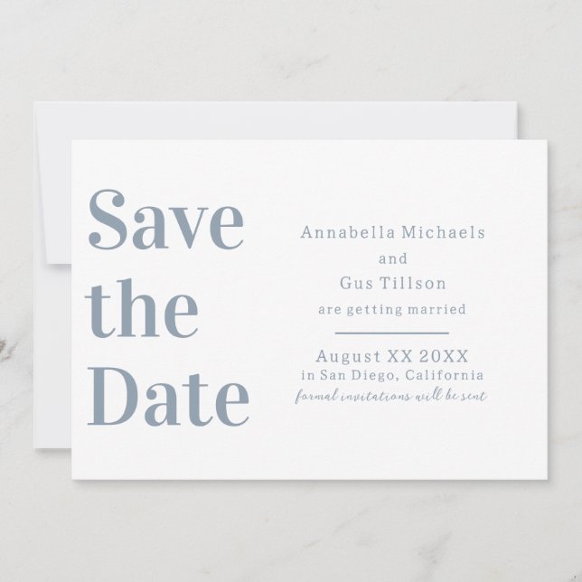 Modern White and Dusty Blue Large Font Save The Date (Front)