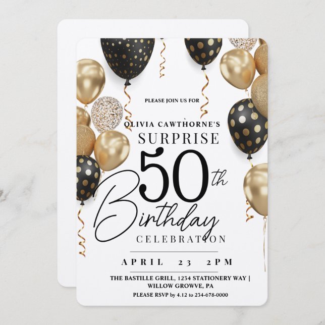 Modern White and gold black balloon 50th Birthday Invitation (Front/Back)
