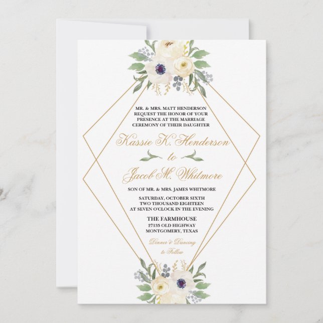 Modern White and Gold Geometric Floral Invitation (Front)