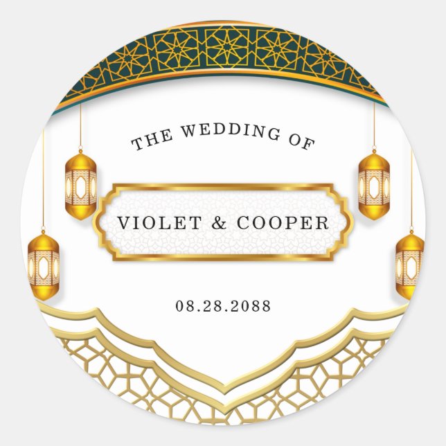 Modern White and Gold Islamic Wedding Classic Round Sticker (Front)