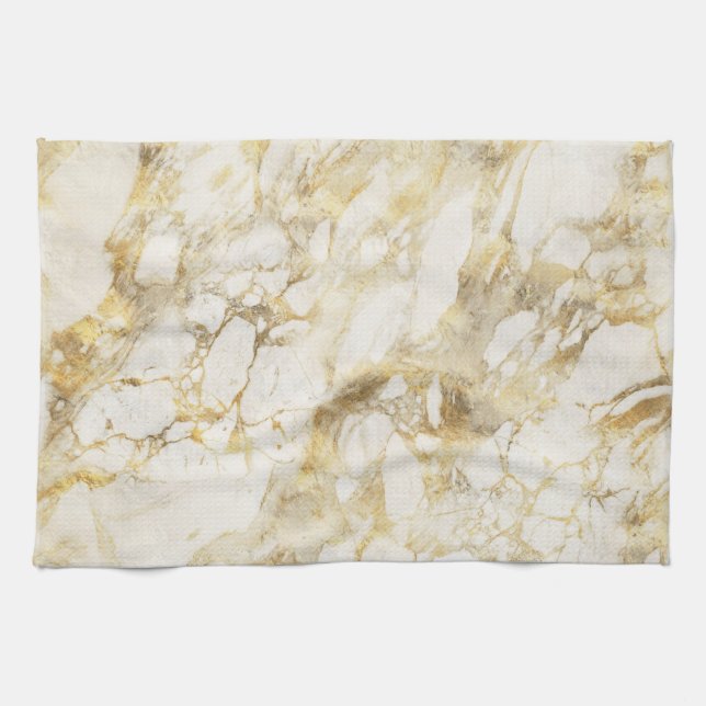 Modern White and Gold Marble Pattern Tea Towel (Horizontal)