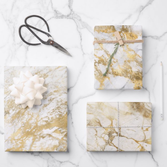 Modern White and Gold Marble Pattern Wrapping Paper Sheet (Front)