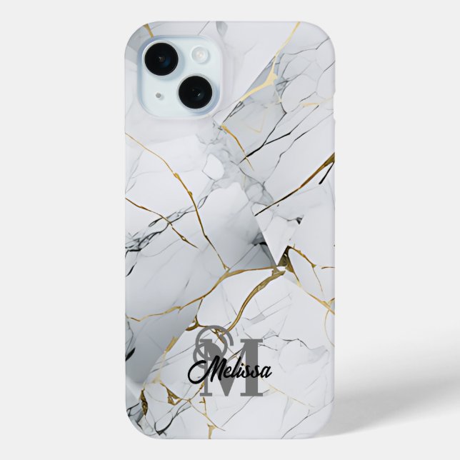 Modern White and Gold Marbled monogram Case-Mate iPhone Case (Back)