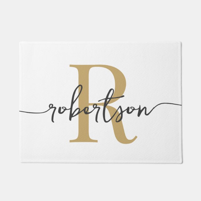 Modern White and Gold Monogram Family Name Script Doormat (Front)