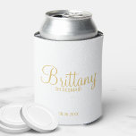 Modern White and Gold Personalised Bridesmaids Can Cooler<br><div class="desc">Modern Personalised Bridesmaids Gifts featuring personalised bridesmaid's name in gold modern script font style with title and wedding date in gold modern sans serif font style. Also perfect for Maid of Honour, Flower Girl, Mother of the Bride and more. Please Note: The foil details are simulated in the artwork. No...</div>