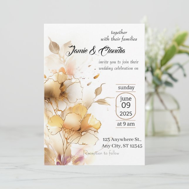 Modern white and gold wedding invitations (Standing Front)