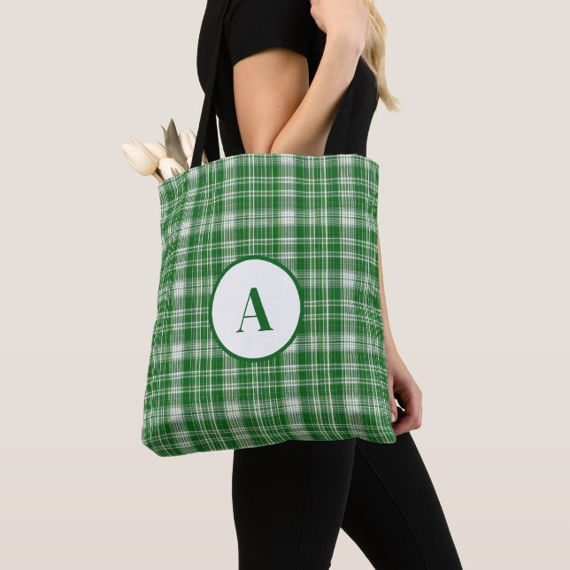 Modern White and Green Plaid Tote Bag (Close Up)